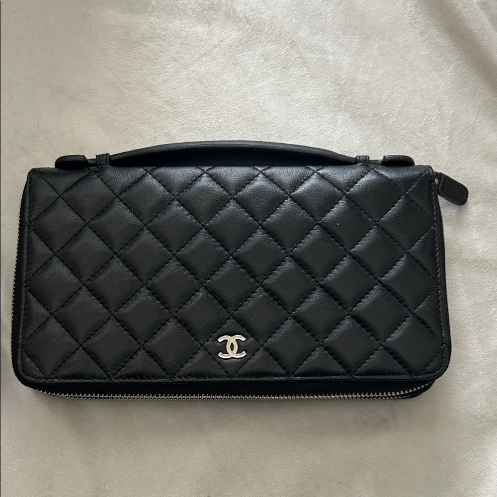 Chanel Black Quilted Wallet with Silver Accents